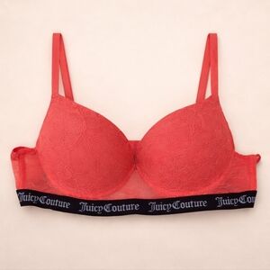 Juicy Couture Lace Bra 34B Coral Pink Black Logo Band Push Up Sexy Y2K Lingerie